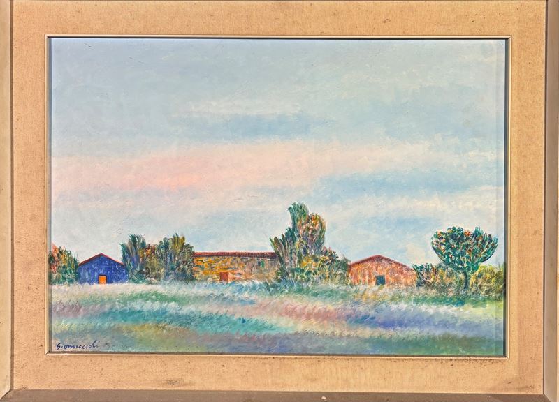 Giovanni Omiccioli - Casa e capanne a Fregene, olio su compensato