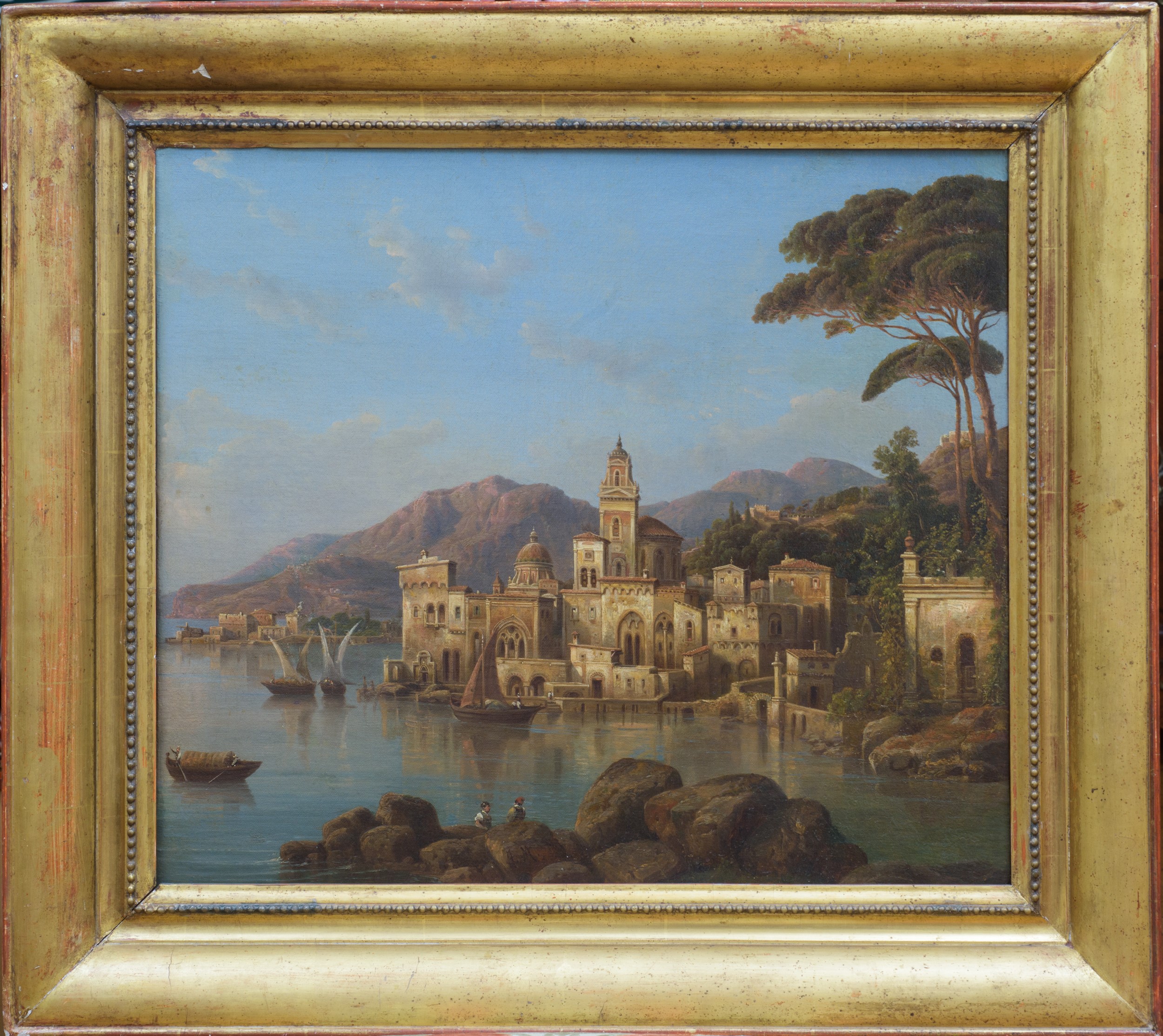 Scuola francese, Paesaggio lacustre, olio su tela