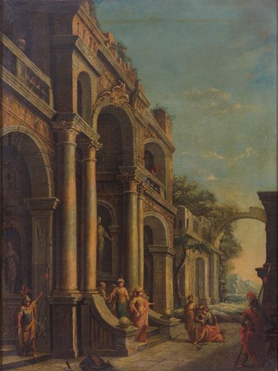 Scuola romana, Capriccio architettonico con figure abbigliate all’antica, olio su tela