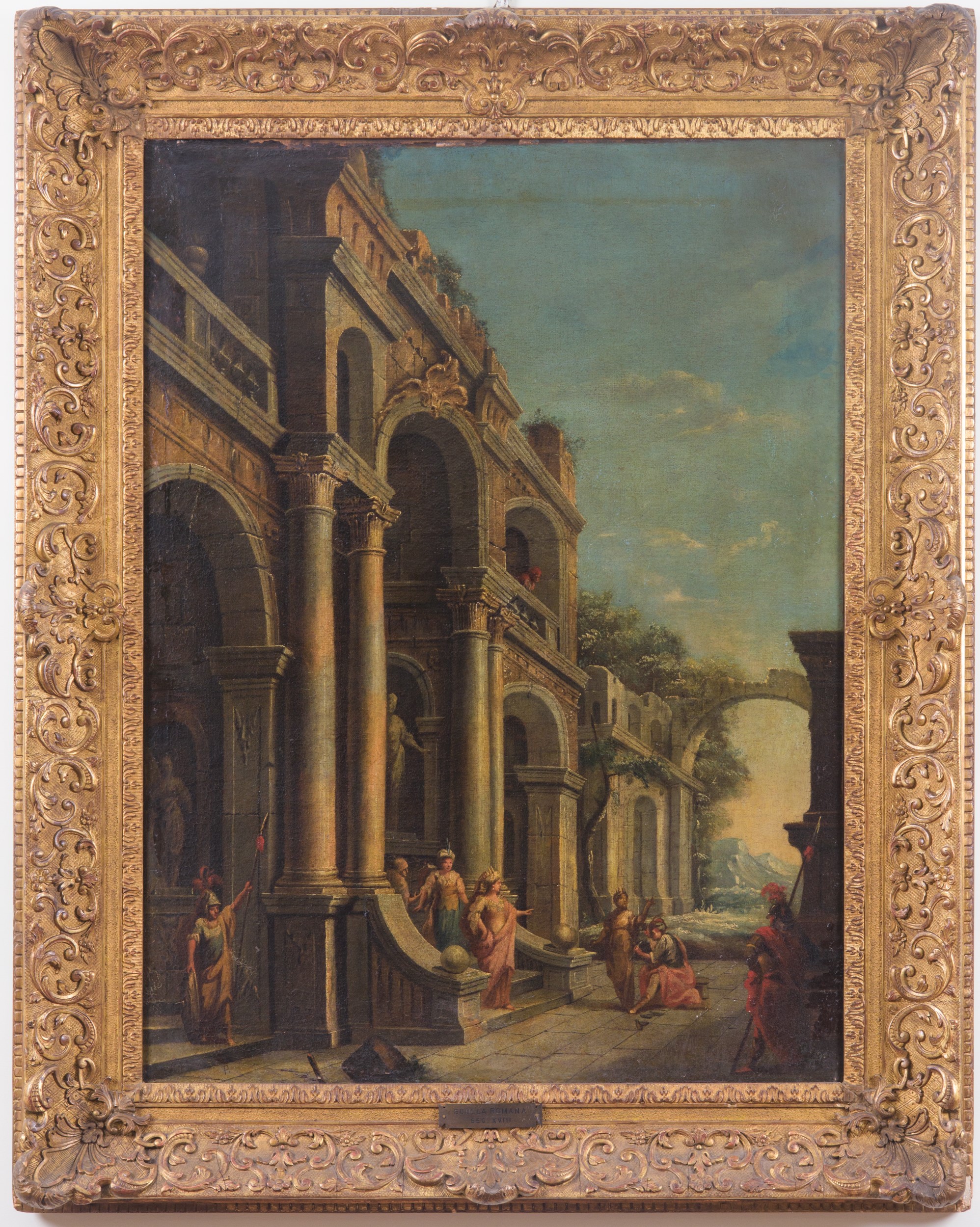 Scuola romana, Capriccio architettonico con figure abbigliate all’antica, olio su tela