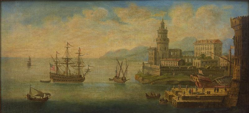 Scuola italiana (inizio XVIII secolo), Veduta costiera con porto e imbarcazioni, olio su tela