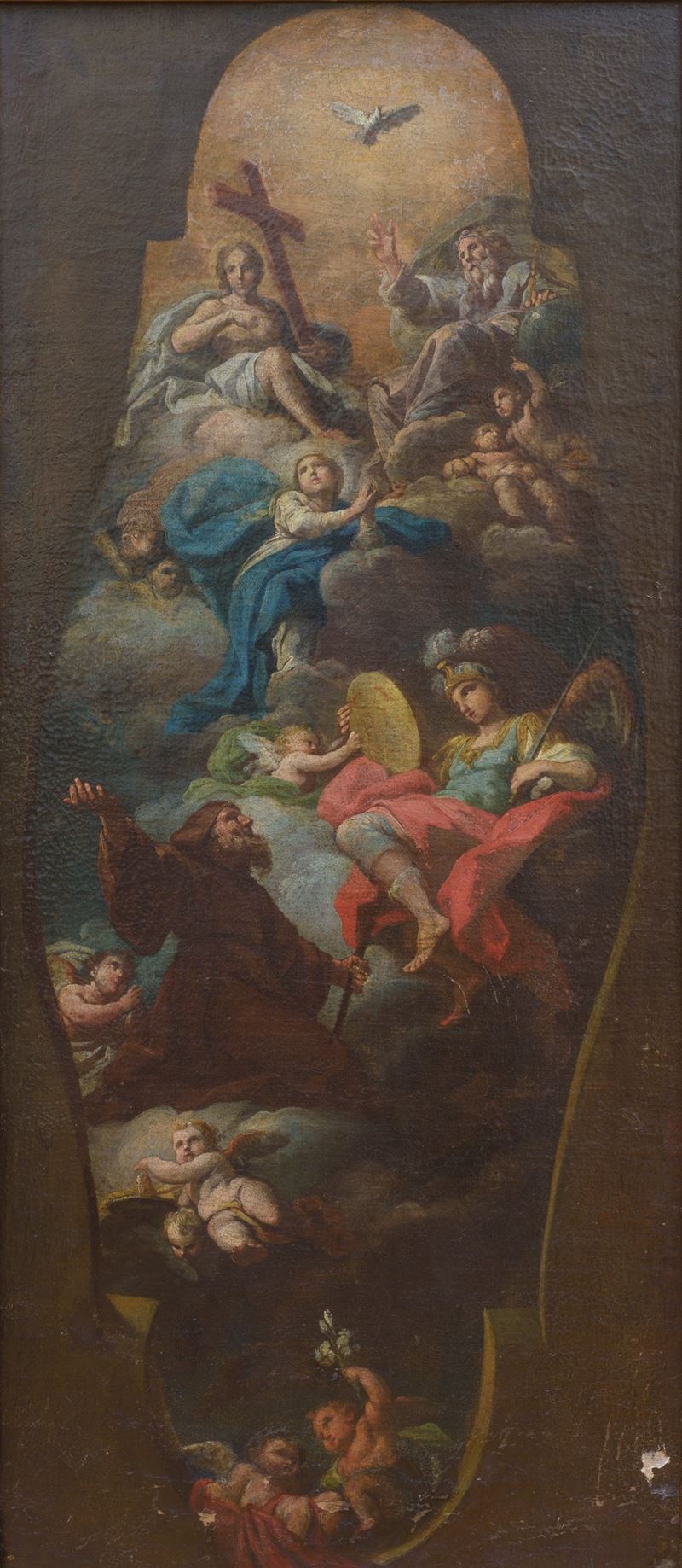 Scuola napoletana, San Francesco da Paola in adorazione della Trinità, la Vergina e l’allegoria d...