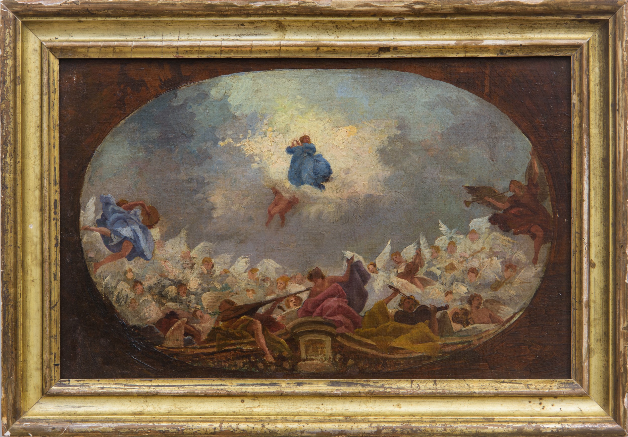 Scuola italiana del XIX secolo, Gloria della Vergine con angeli e santi, olio su tela