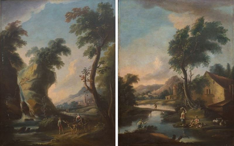 Andrea Locatelli - Coppia di paesaggi fluviali con figure (olio su tela)