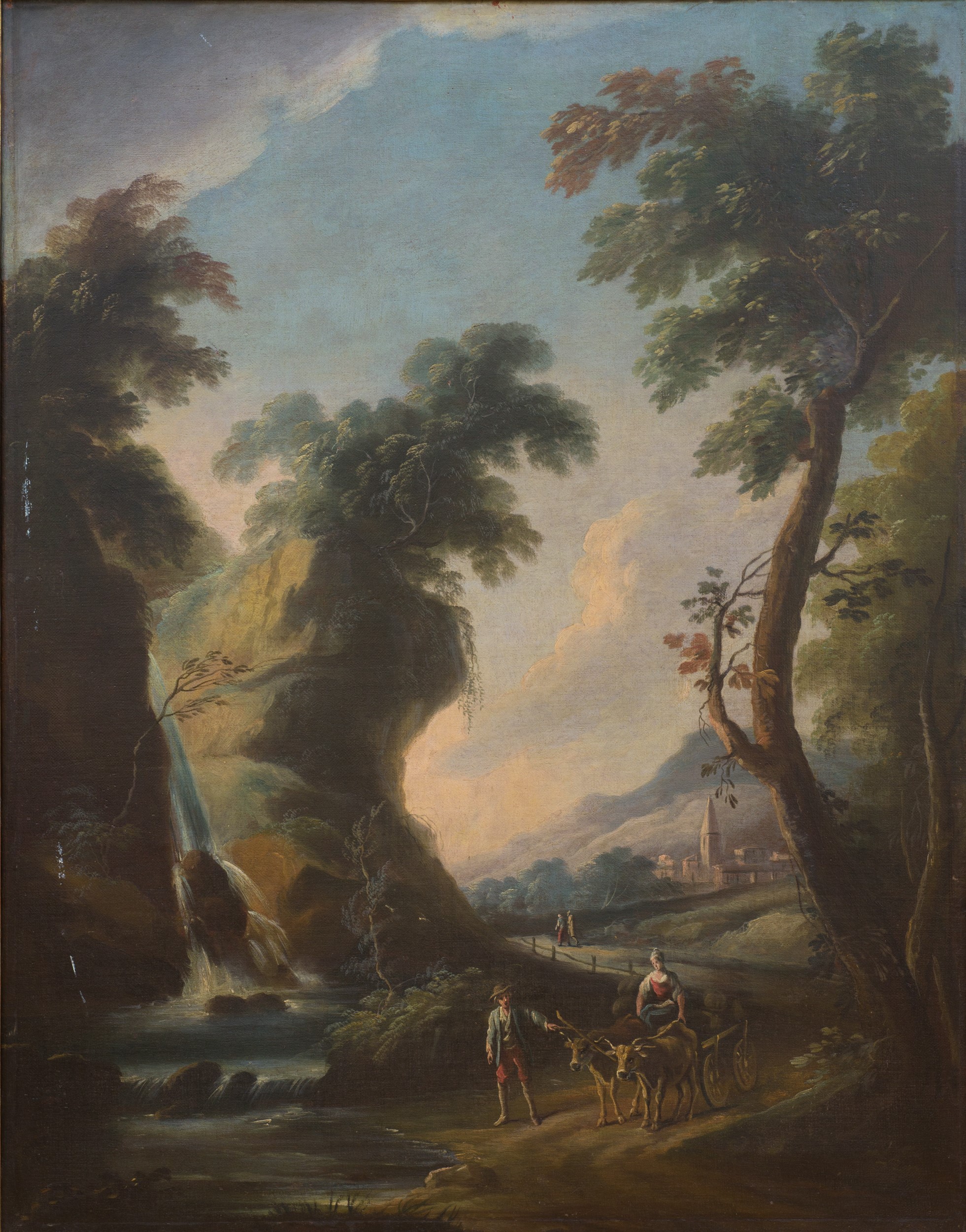 Andrea Locatelli - Coppia di paesaggi fluviali con figure (olio su tela)