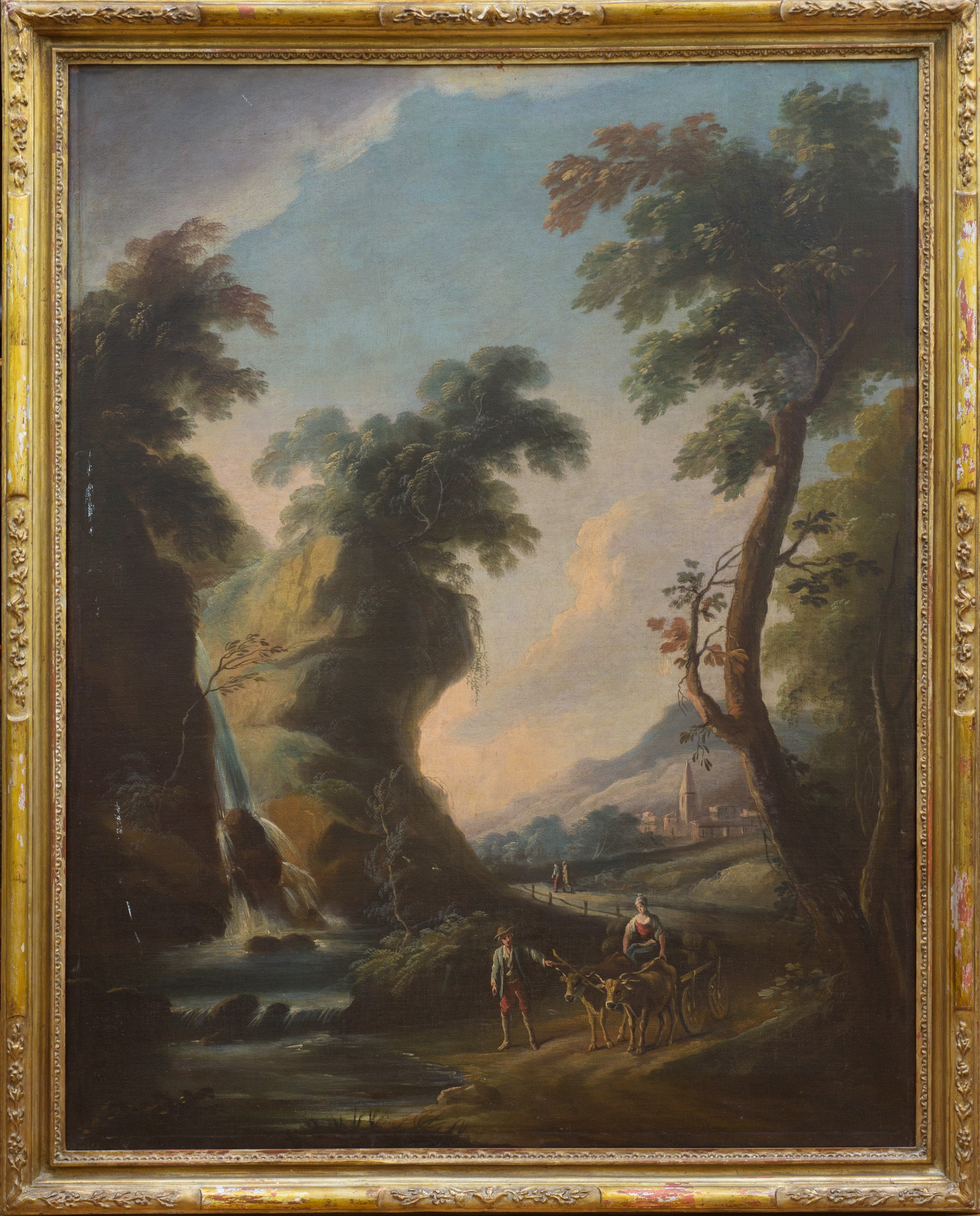Andrea Locatelli - Coppia di paesaggi fluviali con figure (olio su tela)