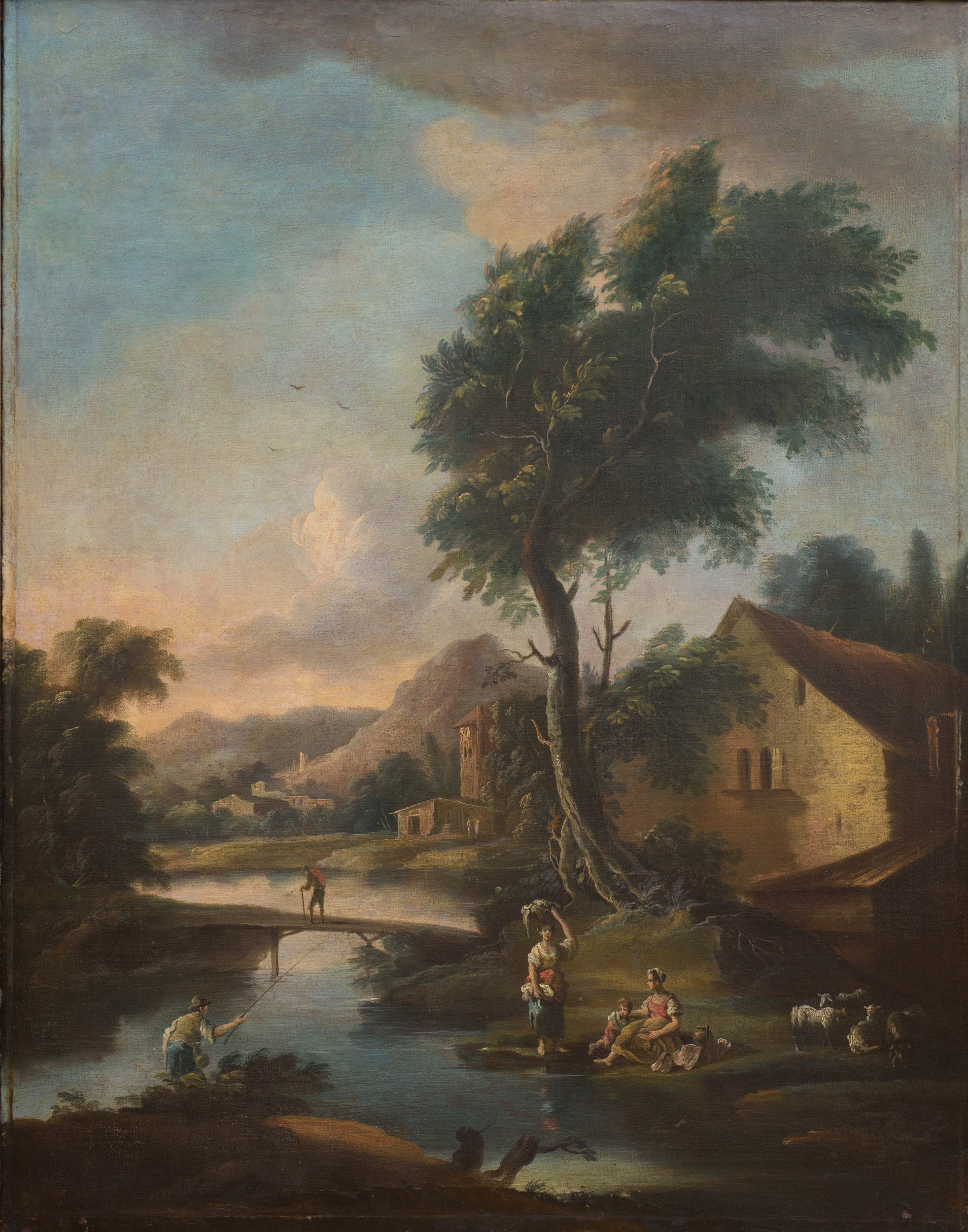 Andrea Locatelli - Coppia di paesaggi fluviali con figure (olio su tela)