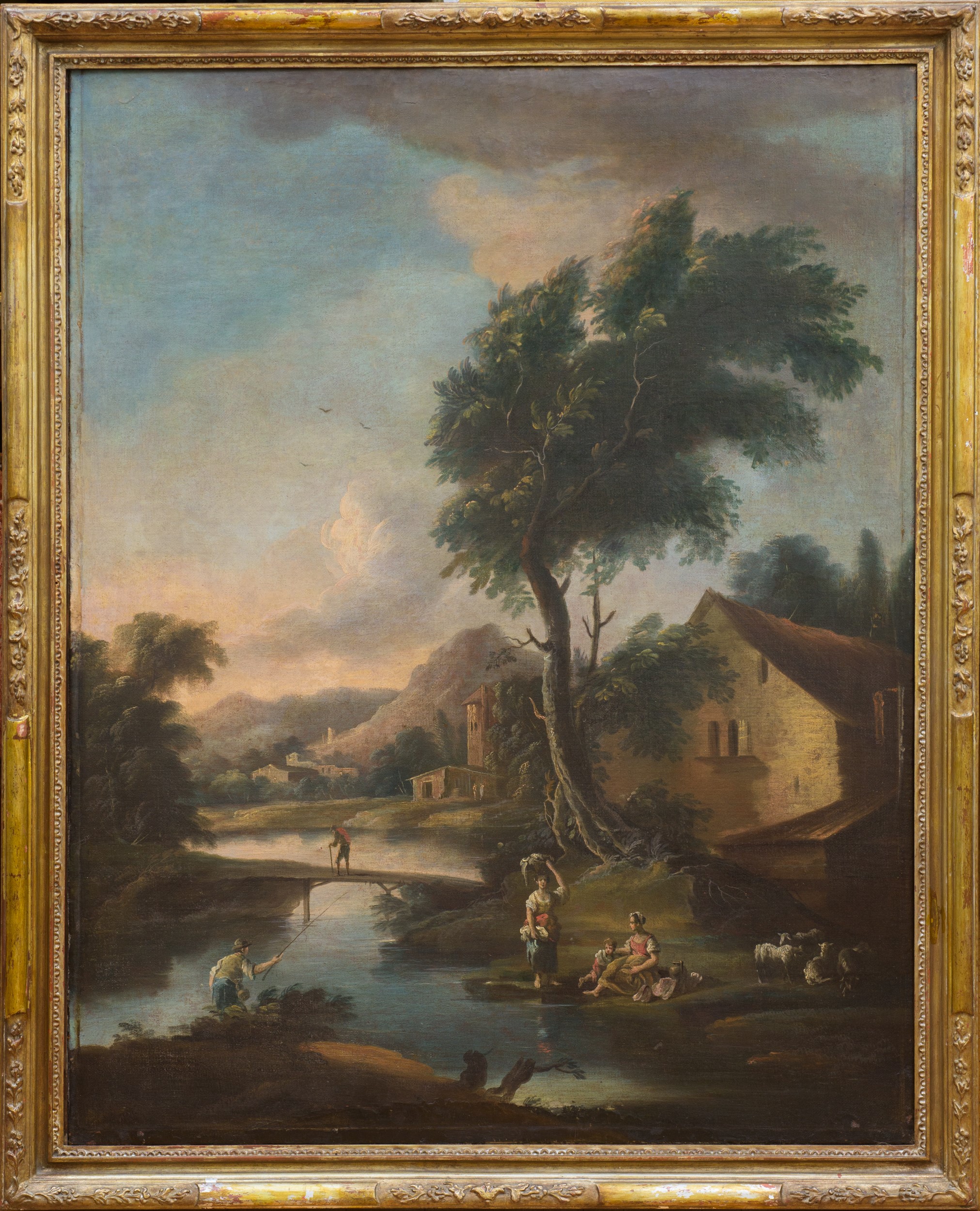 Andrea Locatelli - Coppia di paesaggi fluviali con figure (olio su tela)