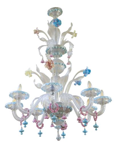 Lampadario in vetro di Murano policromo, a 8 luci (modello “Ca' Rezzonico”), inizi XX secolo