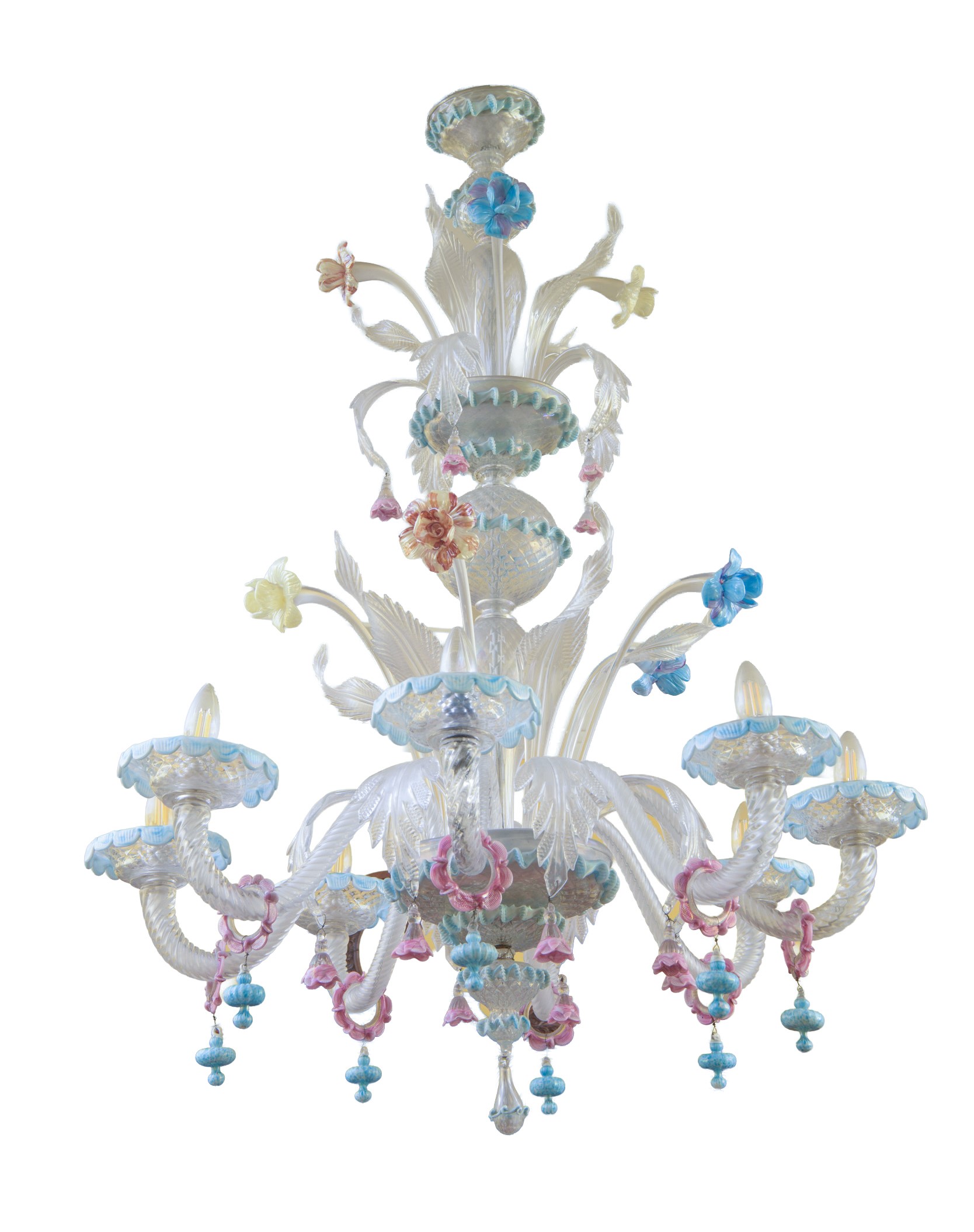 Lampadario in vetro di Murano policromo, a 8 luci (modello “Ca' Rezzonico”), inizi XX secolo