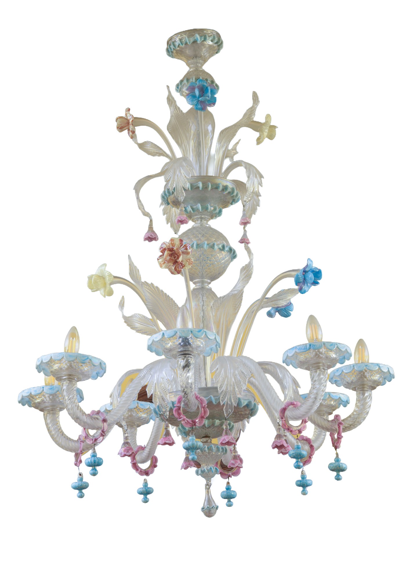 Lampadario in vetro di Murano policromo, a 8 luci (modello “Ca' Rezzonico”), inizi XX secolo