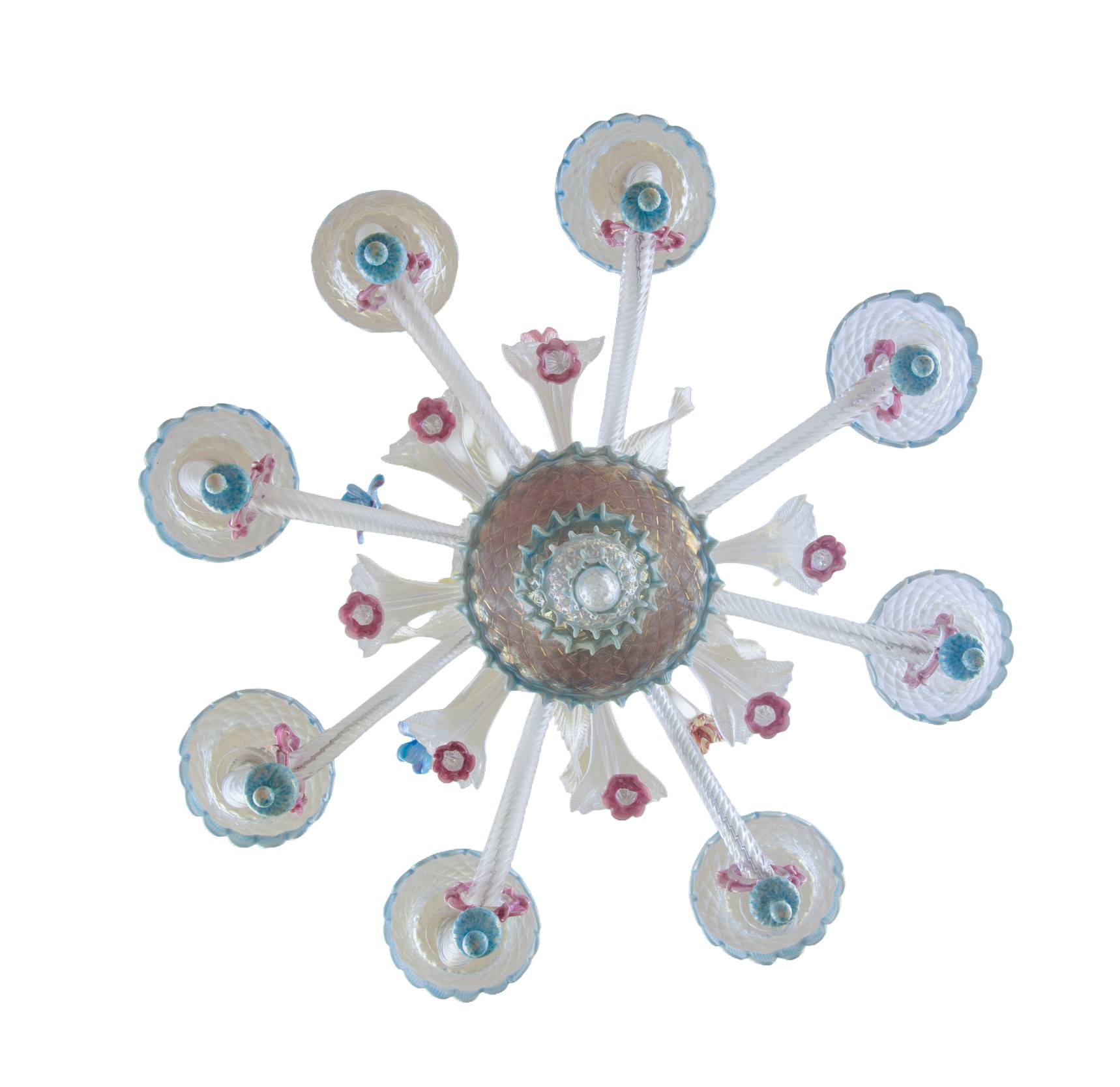 Lampadario in vetro di Murano policromo, a 8 luci (modello “Ca' Rezzonico”), inizi XX secolo