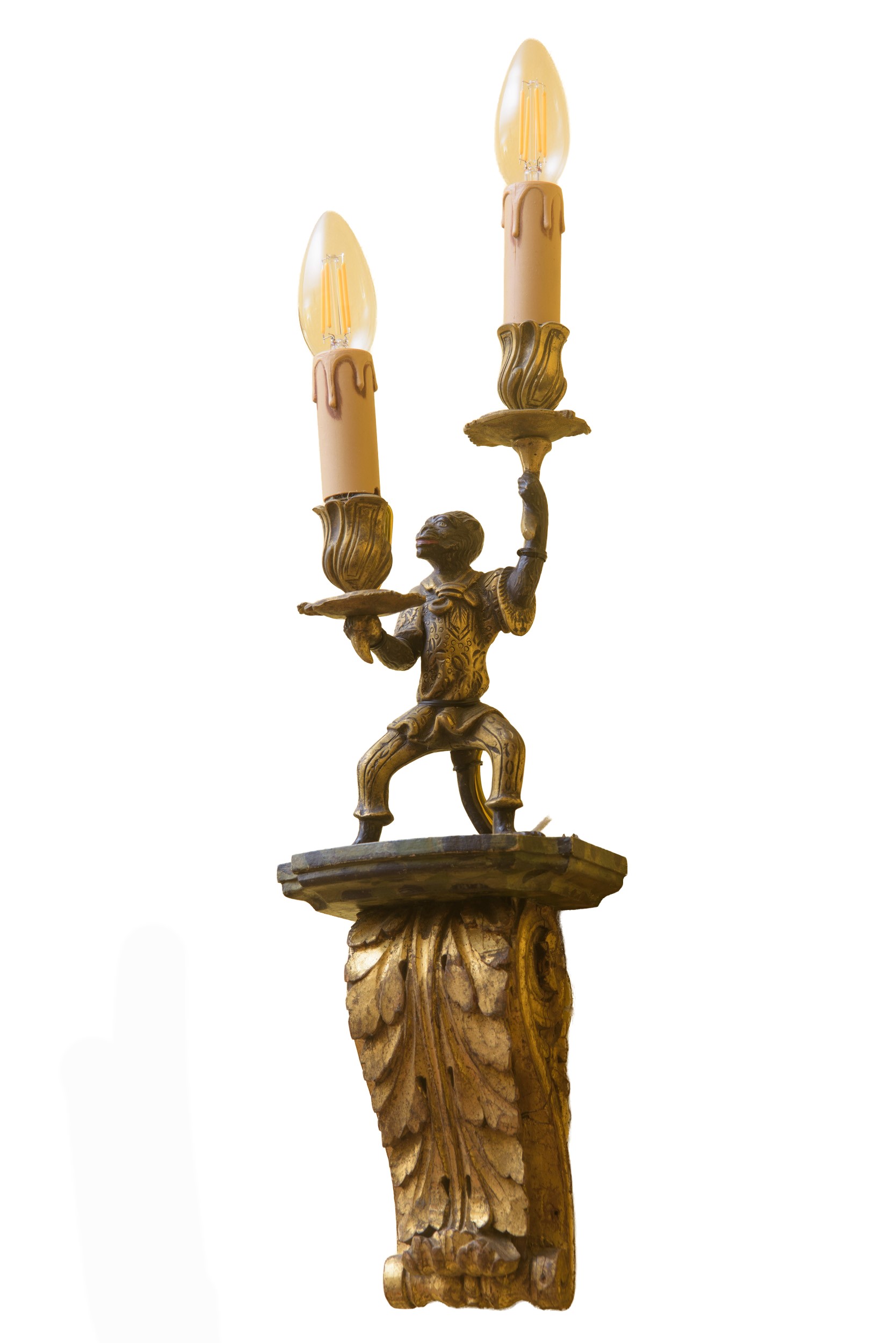 Veneto, Coppia di appliques a due luci in legno e bronzo