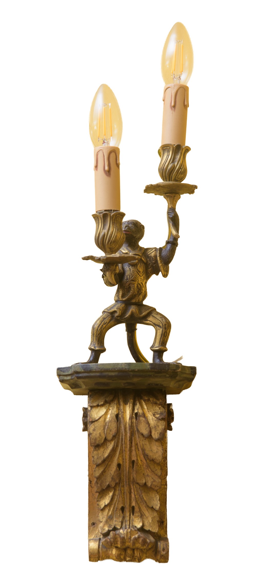 Veneto, Coppia di appliques a due luci in legno e bronzo