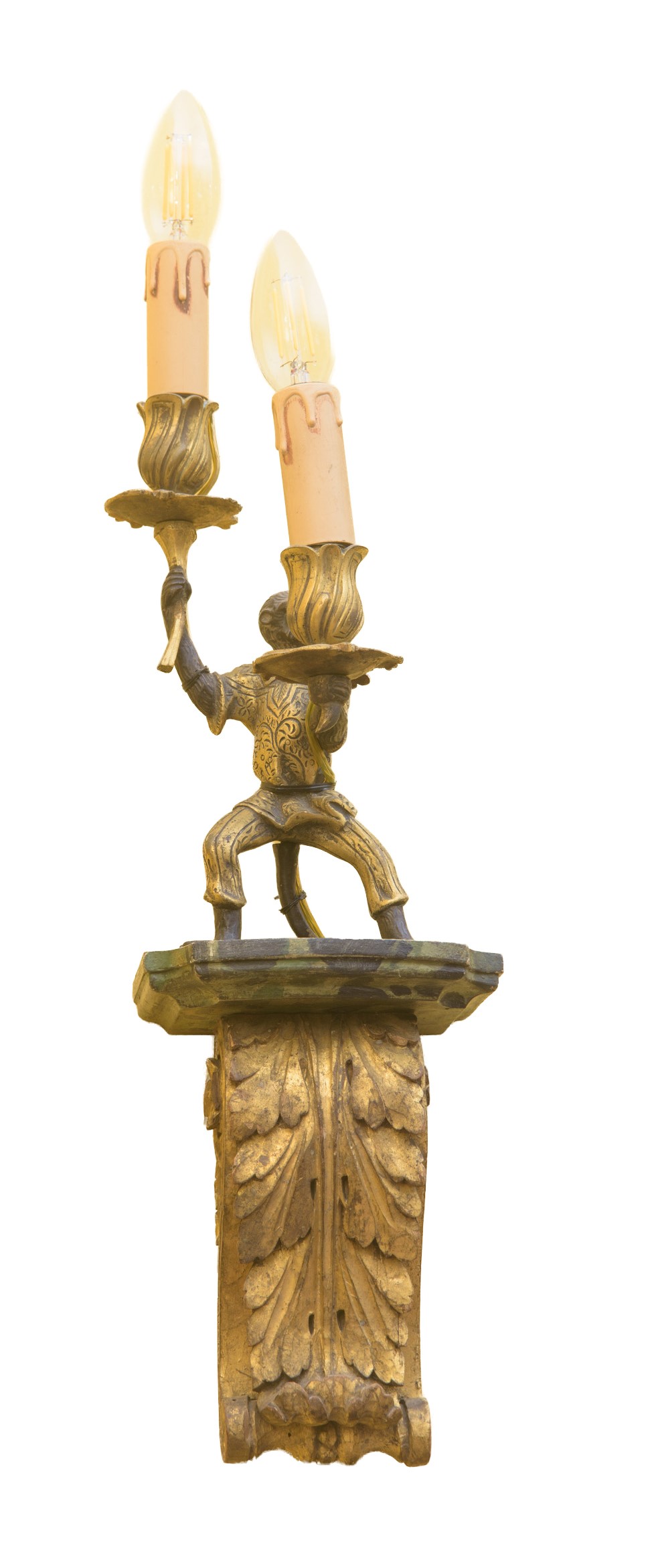 Veneto, Coppia di appliques a due luci in legno e bronzo