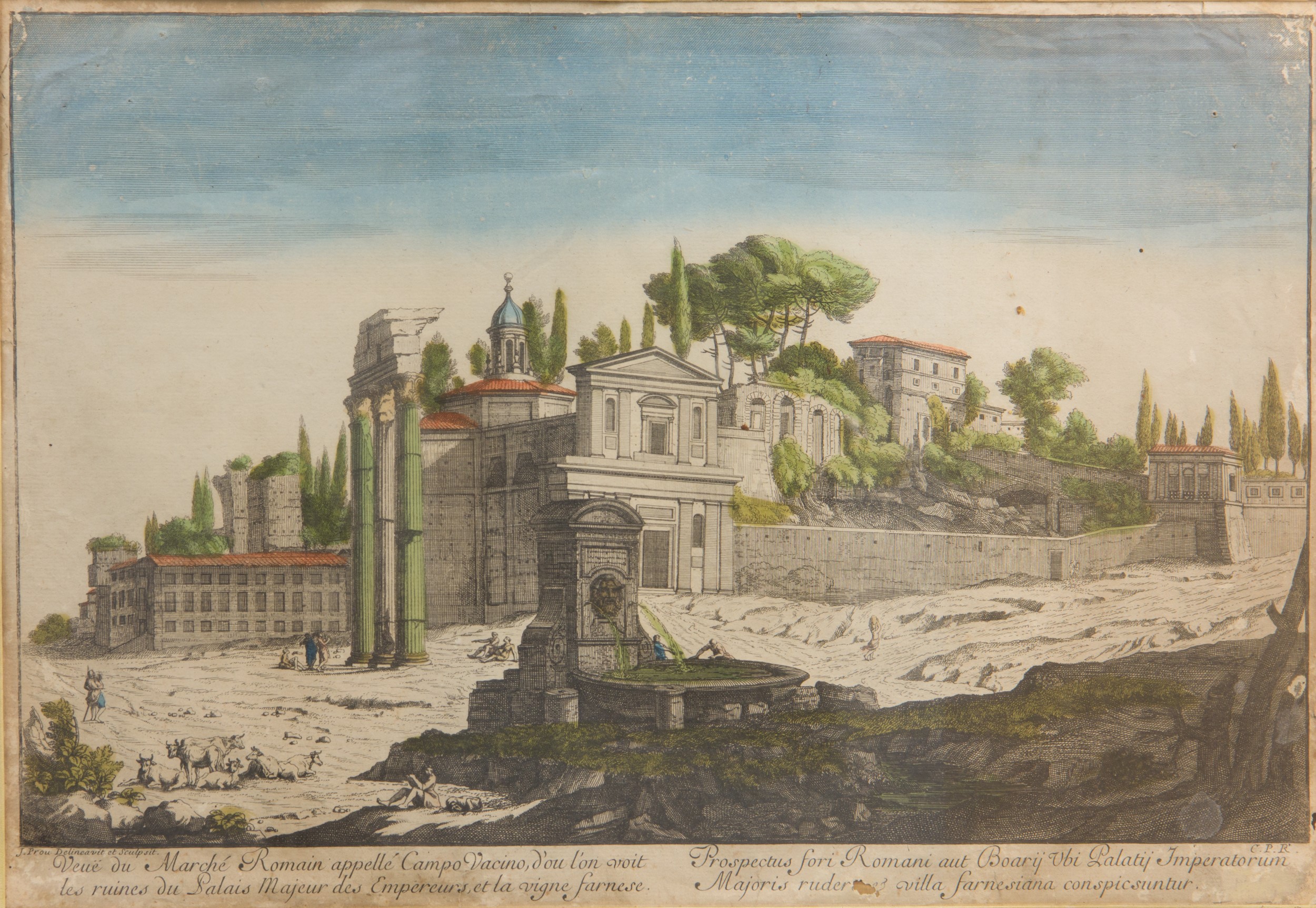 Quattro acqueforti, incisione acquarellata con vedute di Roma