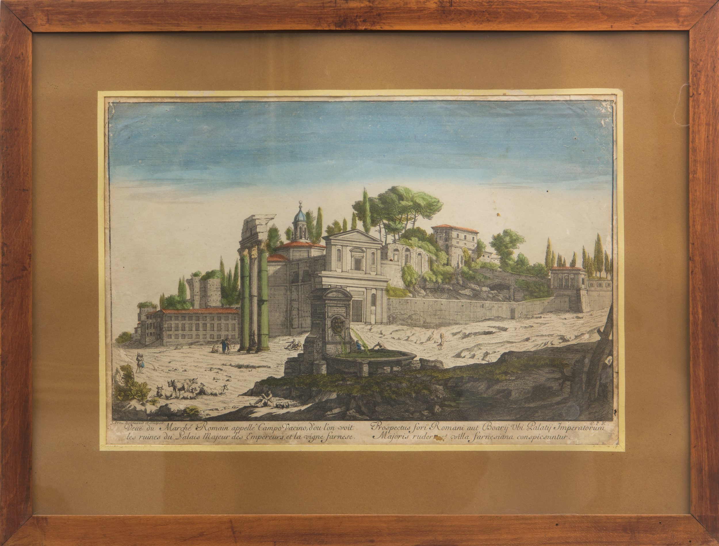 Quattro acqueforti, incisione acquarellata con vedute di Roma