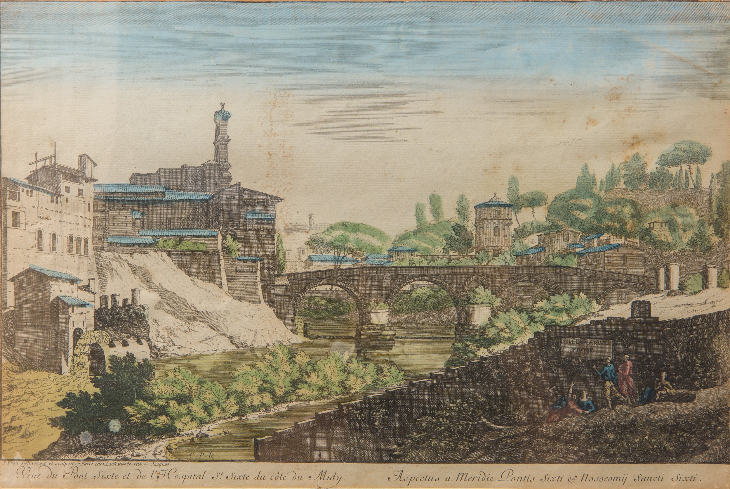 Quattro acqueforti, incisione acquarellata con vedute di Roma