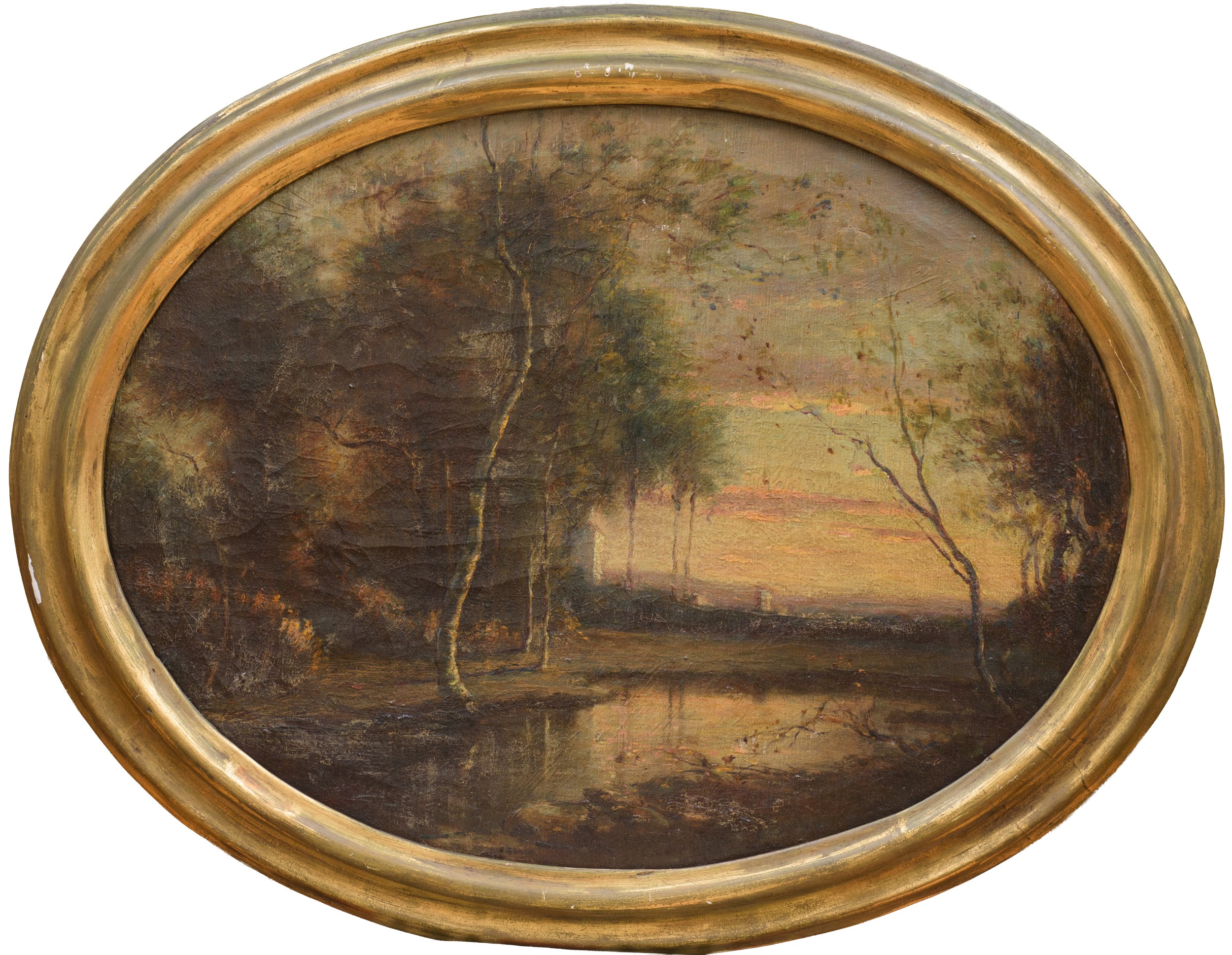 Scuola italiana, Paesaggio lacustre al tramonto, olio su tela