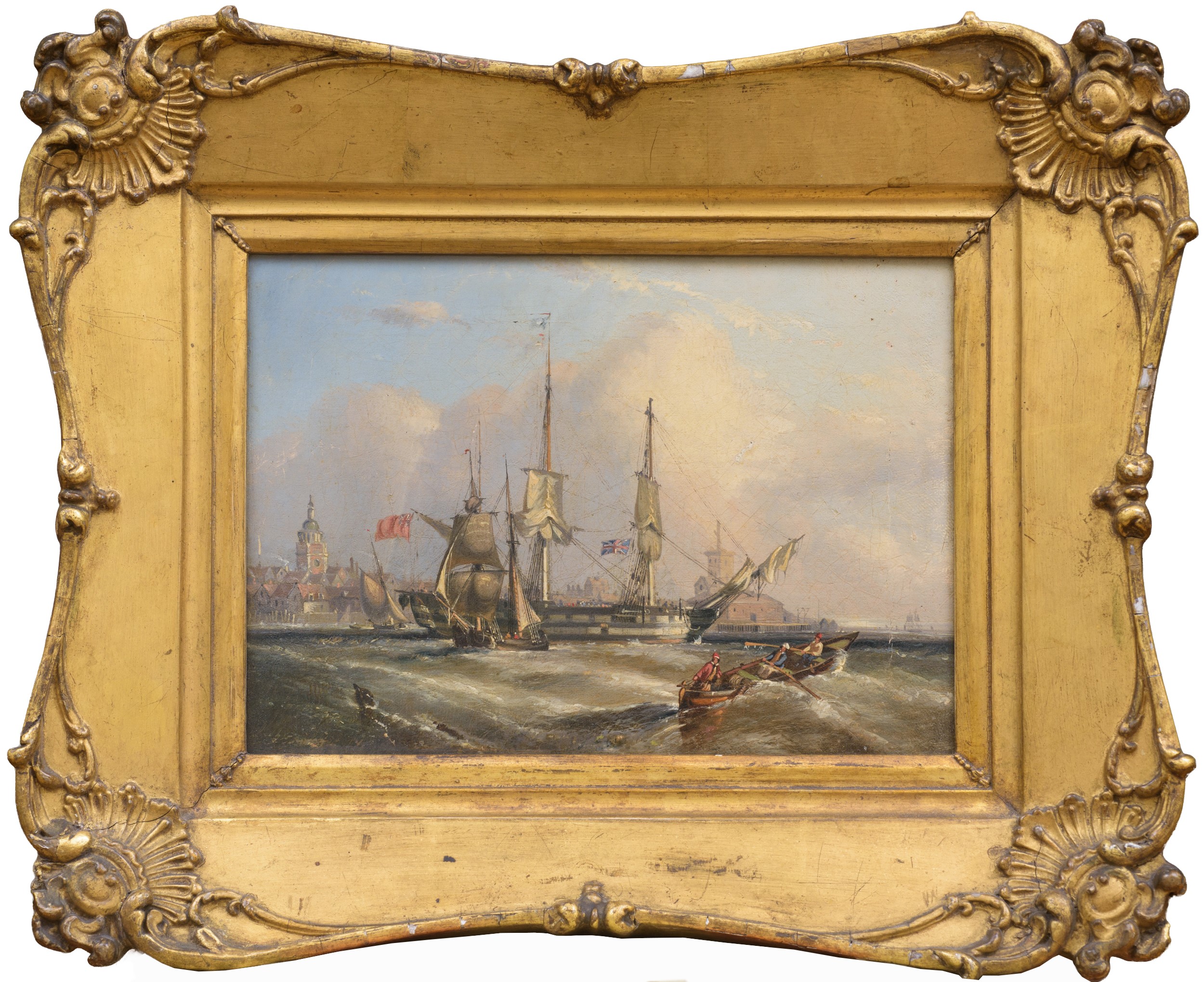 Scuola Nord-Europea, Veduta di porto con velieri e imbarcazioni, olio su tavoletta (fine XIX seco...