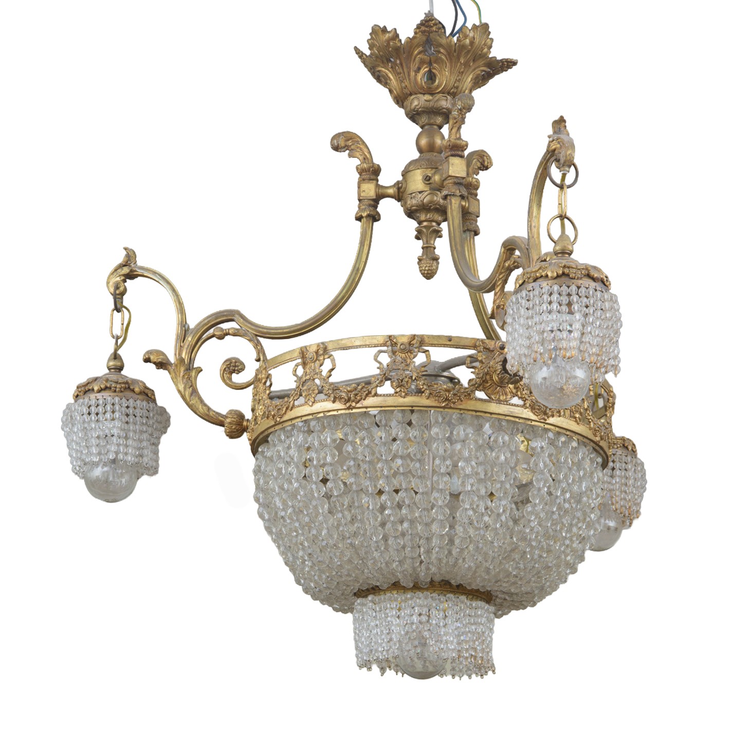 Lampadario a quattro luci, vetro e bronzo, Francia, inizi XX secolo