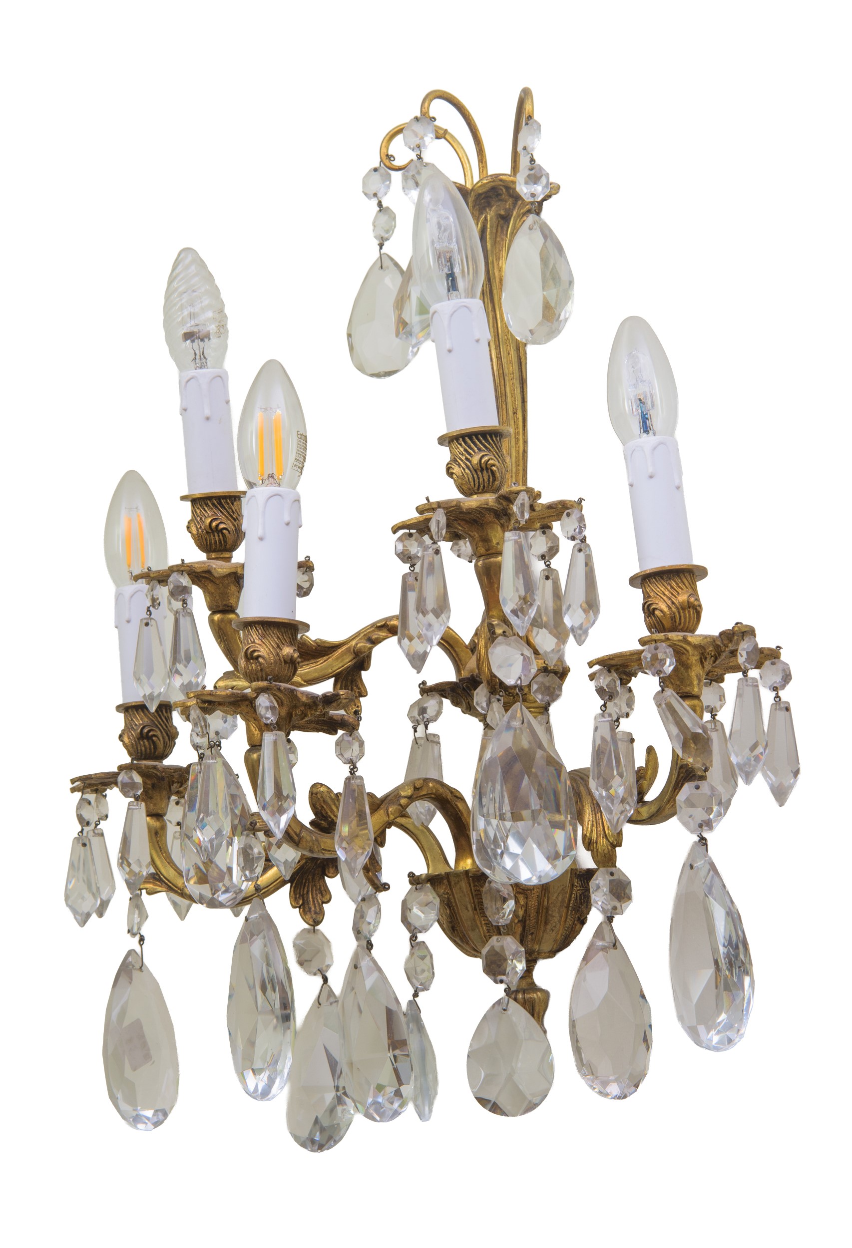 Francia, Coppia di appliques, bronzo dorato con pendagli in vetro molato, inizio XX secolo