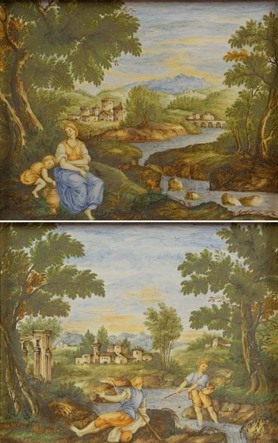 Rinaldo Catini, Coppia di dipinti su ceramica raffiguranti paesaggi