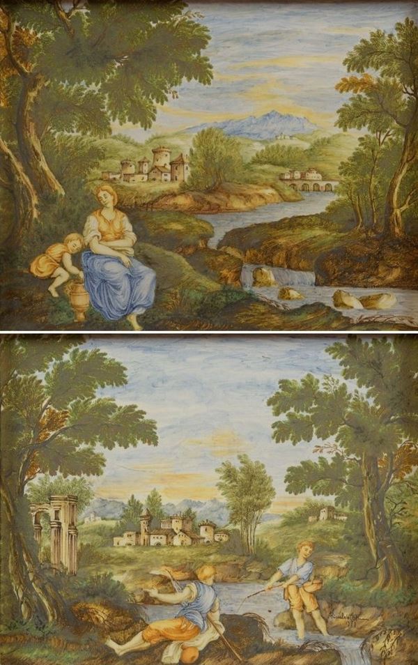 Rinaldo Catini - Coppia di dipinti su ceramica raffIguranti paesaggi