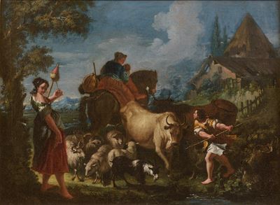Paesaggio pastorale con armenti, olio su tela