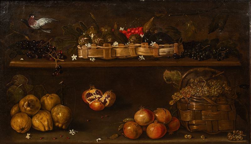 Agostino Verrocchi - Natura morta con cesti di frutta, grappoli d’uva, cotogne, melograni, fichi,...