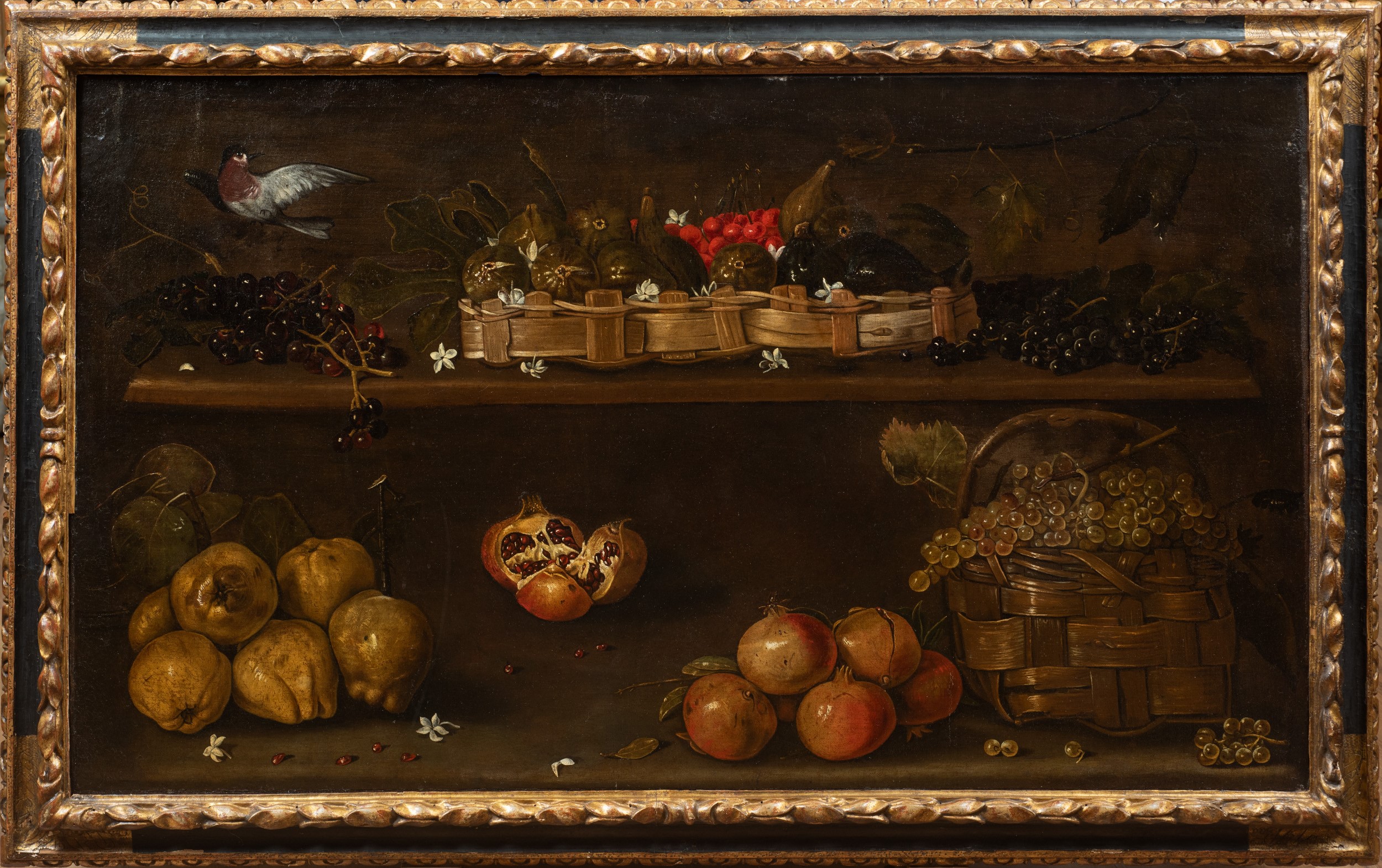 Agostino Verrocchi - Natura morta con cesti di frutta, grappoli d’uva, cotogne, melograni, fichi,...