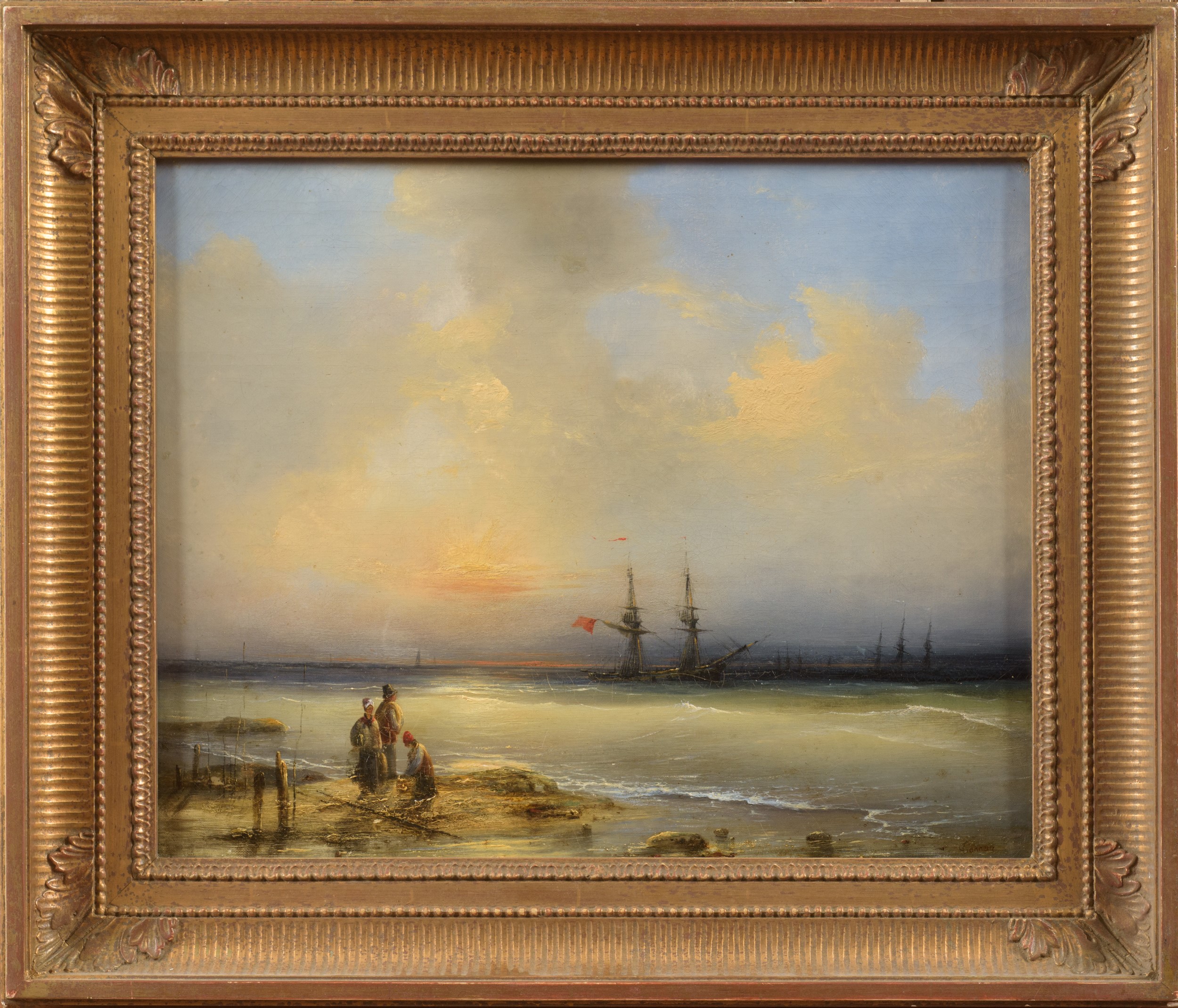 Philippe Tanneur - Veduta marina con personaggi, olio su tela