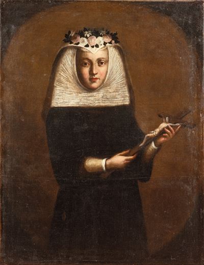 Scuola piemontese, Ritratto di monaca con crocifisso e corona di fiori, olio su tela (XVII secolo...