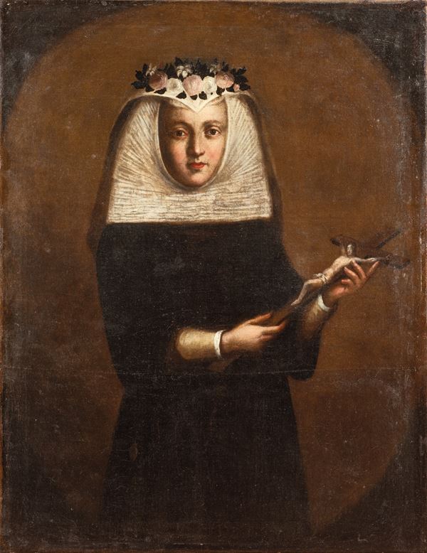 Ritratto di monaca con crocifisso e corona di fiori