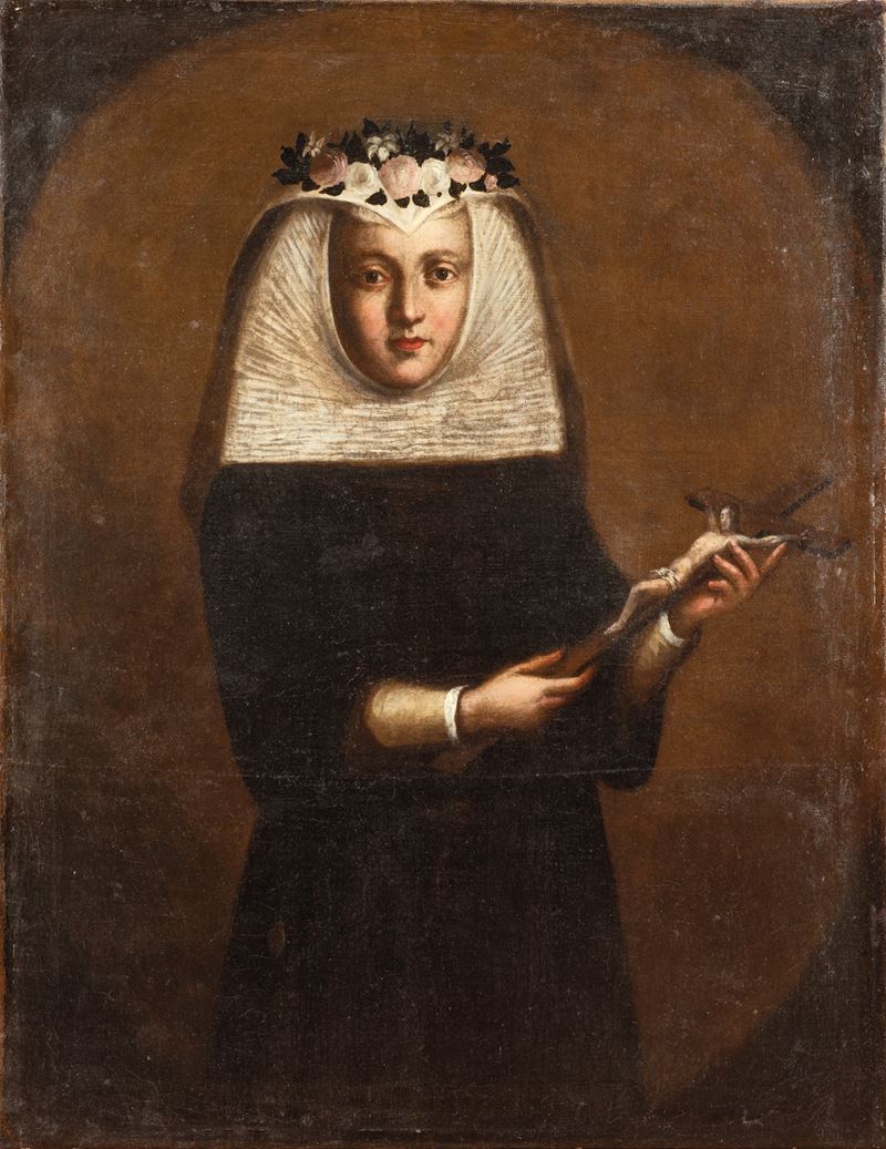 Scuola piemontese, Ritratto di monaca con crocifisso e corona di fiori, olio su tela (XVII secolo...