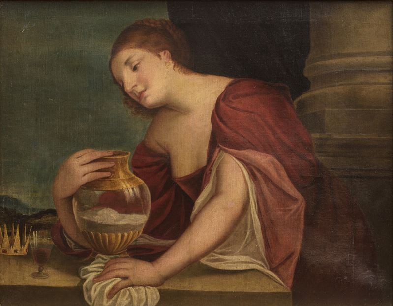 Alessandro Varotari il Padovanino - Artemisia si appresta ad assumere le ceneri di Mausolo, olio ...