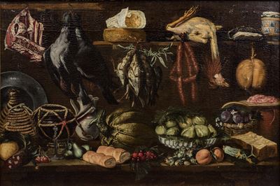 Natura morta con selvaggina, carni, salumi, ortaggi, frutta e vasellame