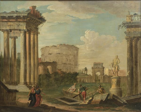 Capriccio architettonico con monumenti dell’antica Roma e figure