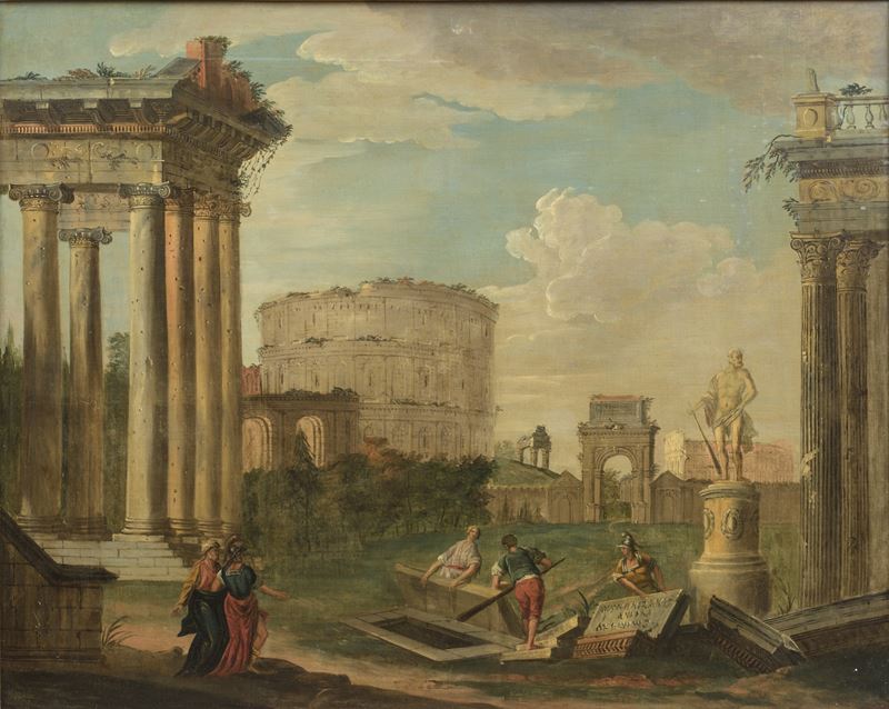 Scuola romana, Capriccio architettonico con monumenti dell’antica Roma e figure, olio su tela