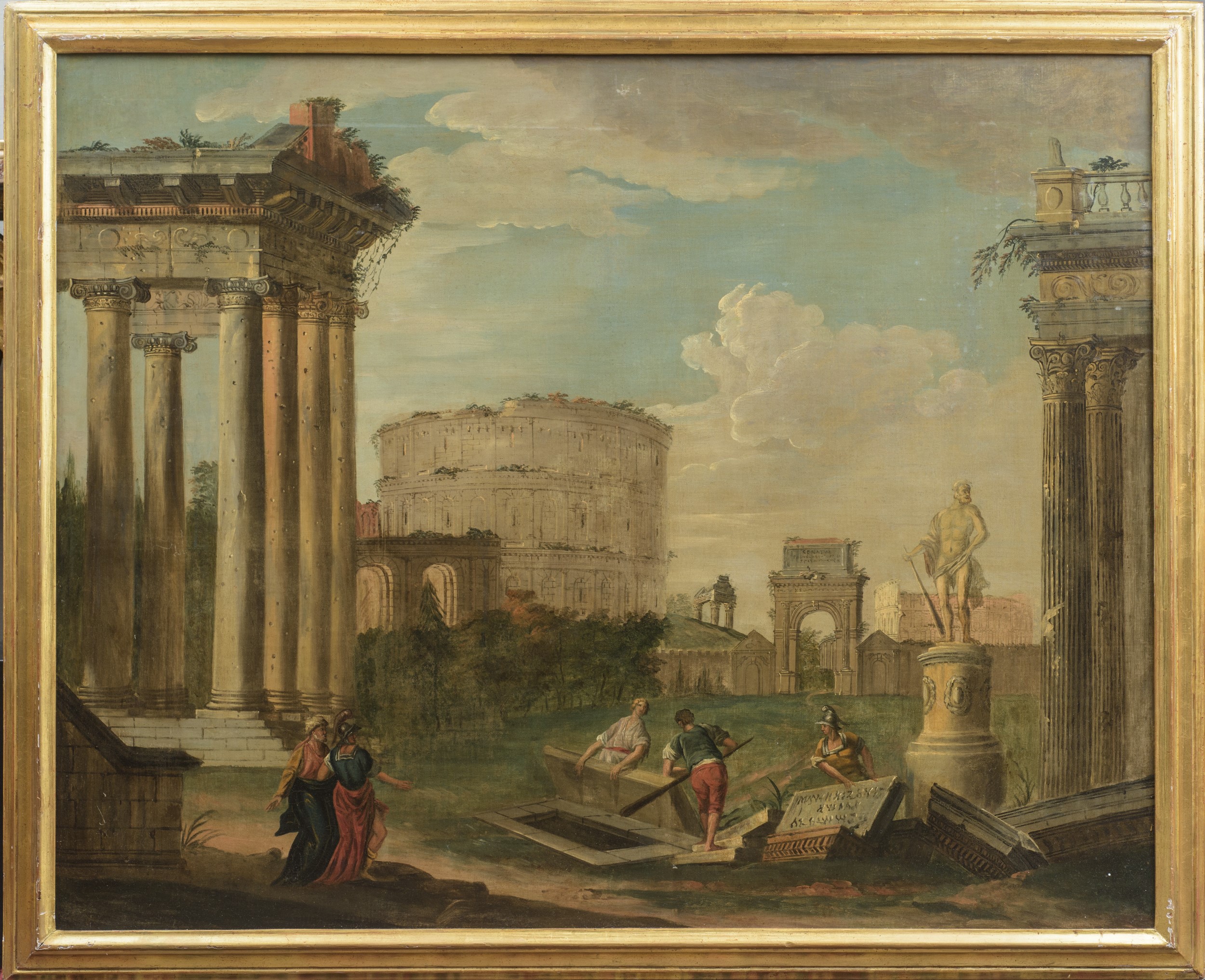 Scuola romana, Capriccio architettonico con monumenti dell’antica Roma e figure, olio su tela