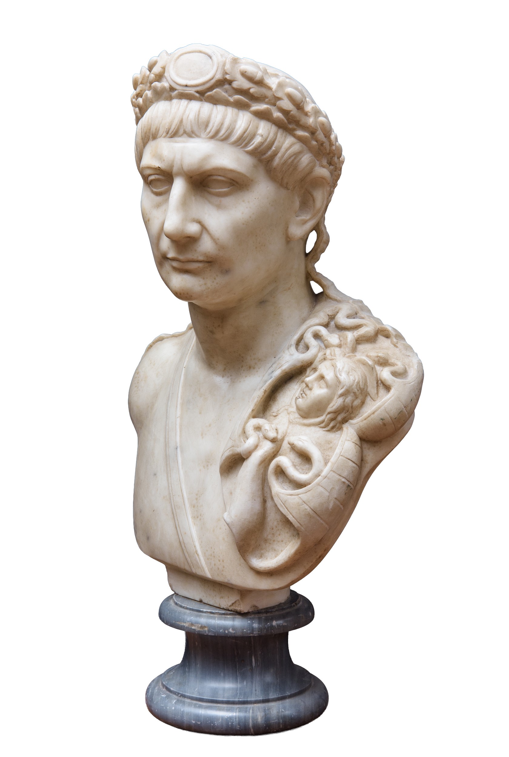 Grande busto di Traiano, marmo bianco statuario su base in bardiglio, seconda metà XIX secolo
