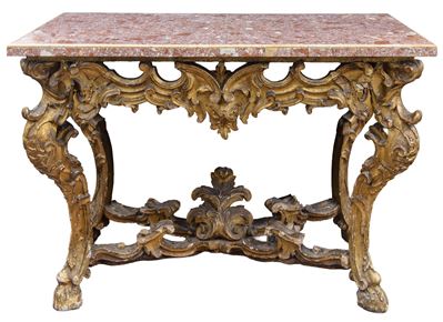 Consolle, legno dorato e intagliato, con piano in marmo Portasanta, Roma, periodo Luigi XV (metà ...