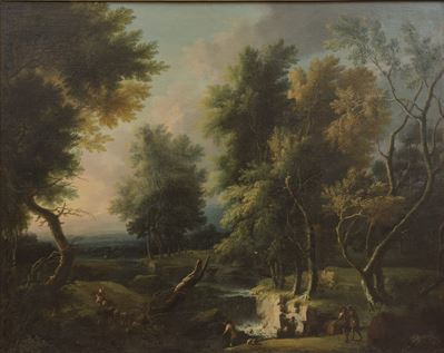 Scuola piemontese, Paesaggio boschivo con figure presso un corso d’acqua, olio su tela