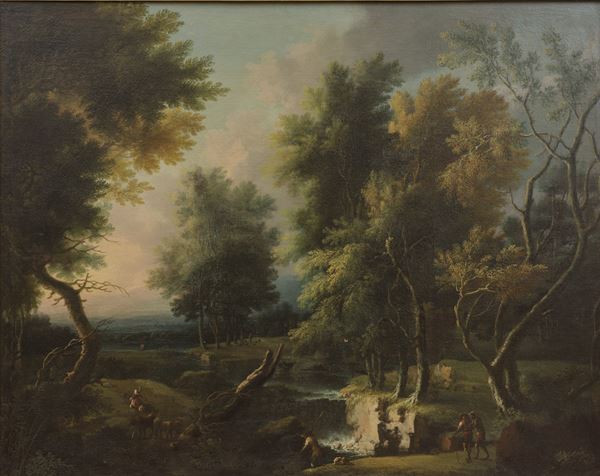 Paesaggio boschivo con figure presso un corso d’acqua
