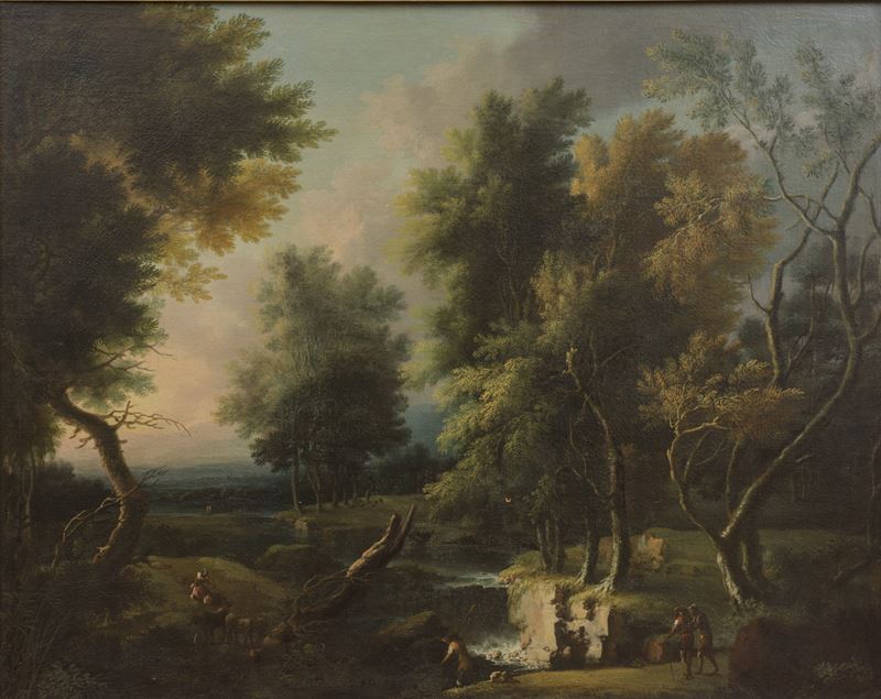 Scuola piemontese, Paesaggio boschivo con figure presso un corso d’acqua, olio su tela