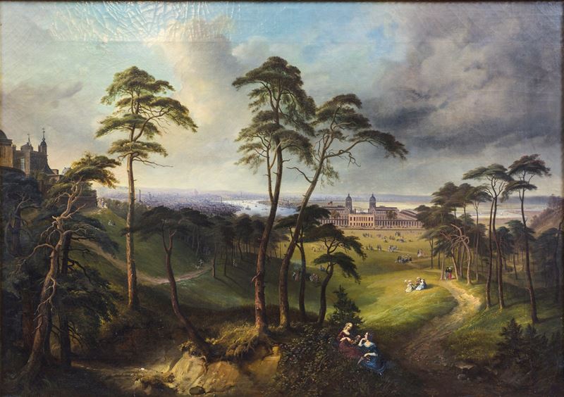Pittore inglese, Veduta di Londra da Greenwich Hill, olio su tela