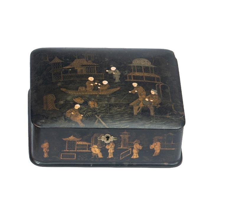 Scatola, legno laccato decorato a chinoiserie (Francia, prima metà XIX secolo)