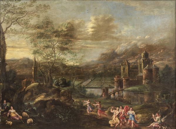Paesaggio con figure danzanti presso un castello