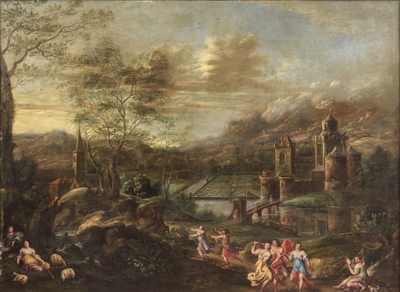 Scuola fiamminga, Paesaggio con figure danzanti presso un castello, olio su tela
