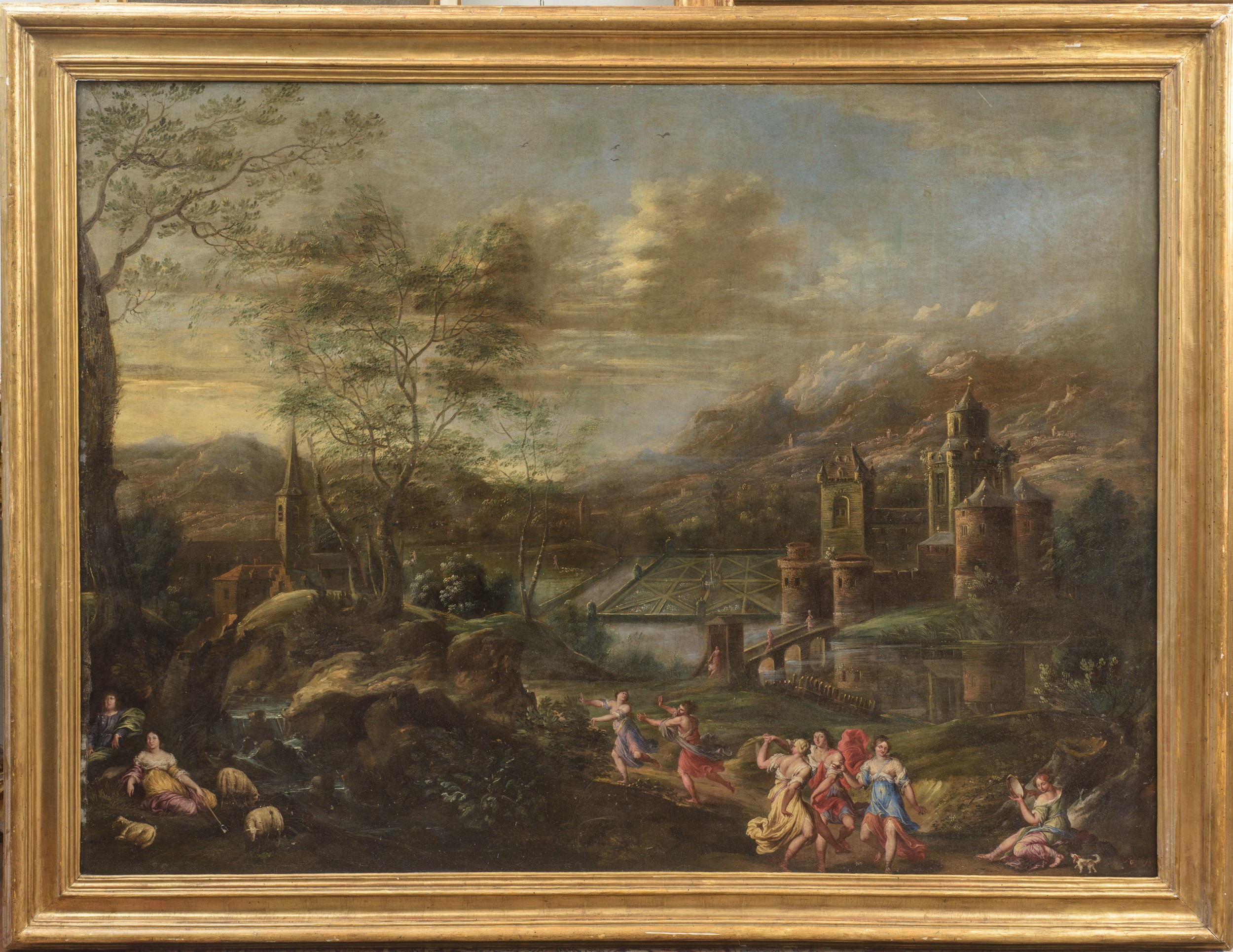 Scuola fiamminga, Paesaggio con figure danzanti presso un castello, olio su tela